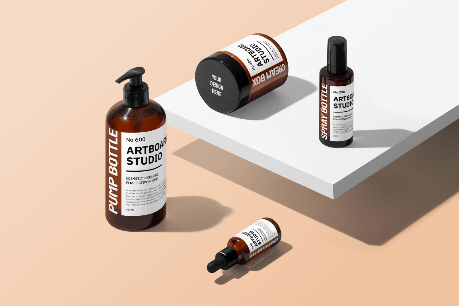 If you are looking for top and front view branding identity designs, you can go for . Cosmetic Packaging Mockup Scene