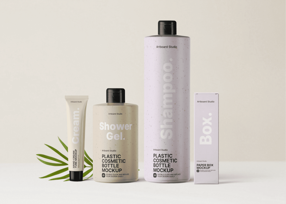 Showcase the label design for your cosmetics product such as cream. Cosmetic Products Set Mockup Template